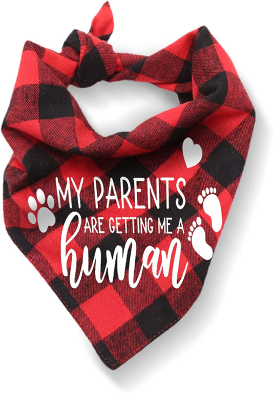 Hound - My Parents are Getting Me A Human Dog Cotton Triangle Bibs Accessories Pregnancy Announcement Adjustable Bandana, Buffalo Plaid Bib Gender Reveral Pet Comfortable Scarfs, Sz - 26 x 18